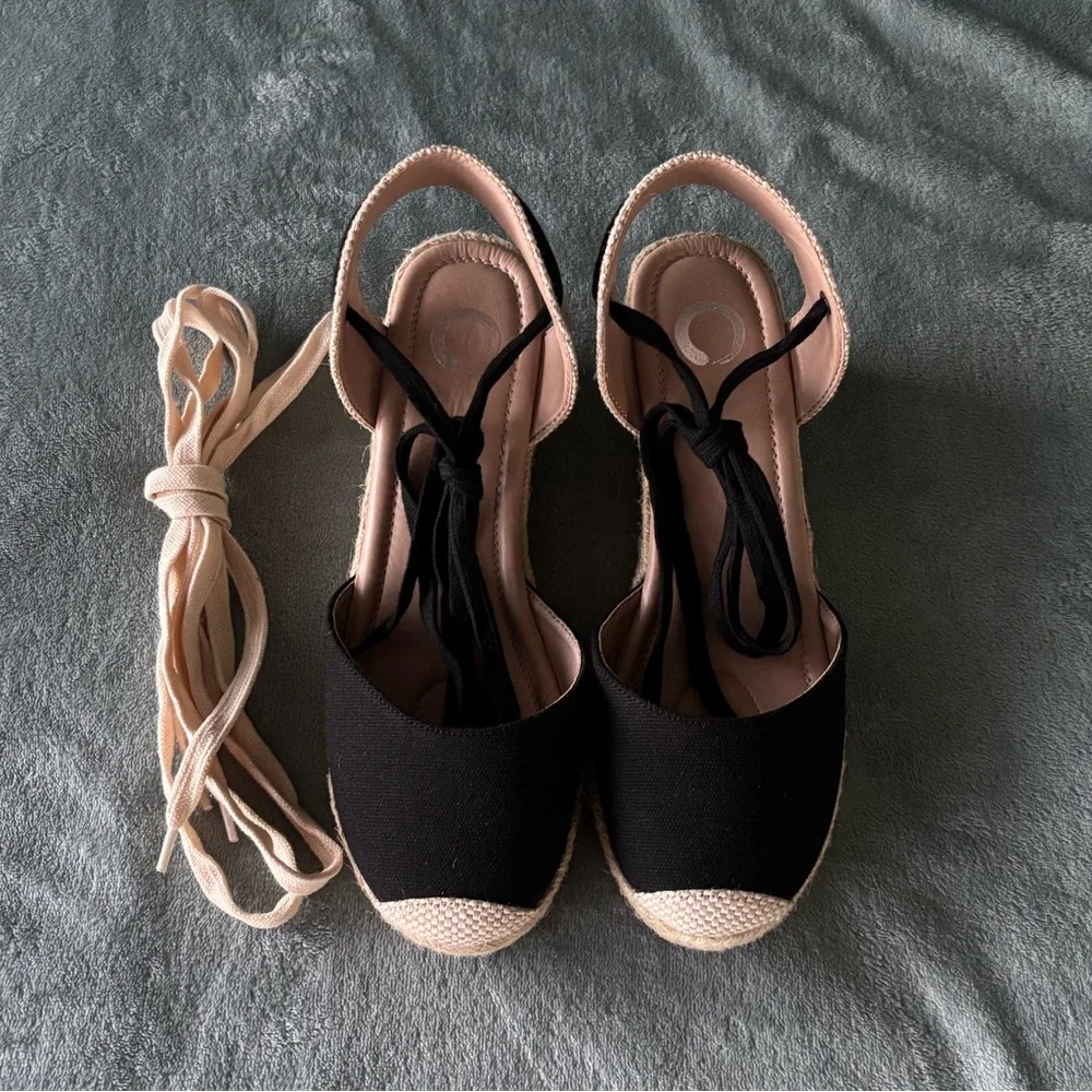 Journee Collection Black and Beige Espadrille Lace-up Wedges - Picture 2 of 12